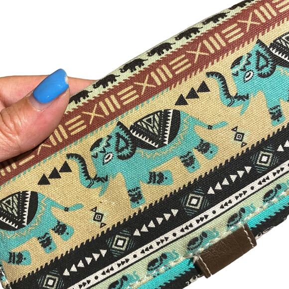 Tribal Aqua Blue Elephant Boho Button Closure Trifold Envelope Wallet Women - Picture 5 of 7